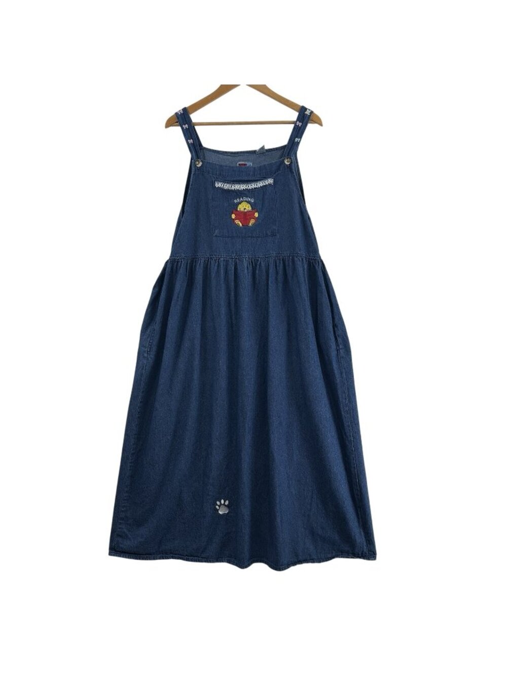 VTG Sunbelt Women’s L Denim Jumper Dress Blue Embroidered Reading" Bear Graphic